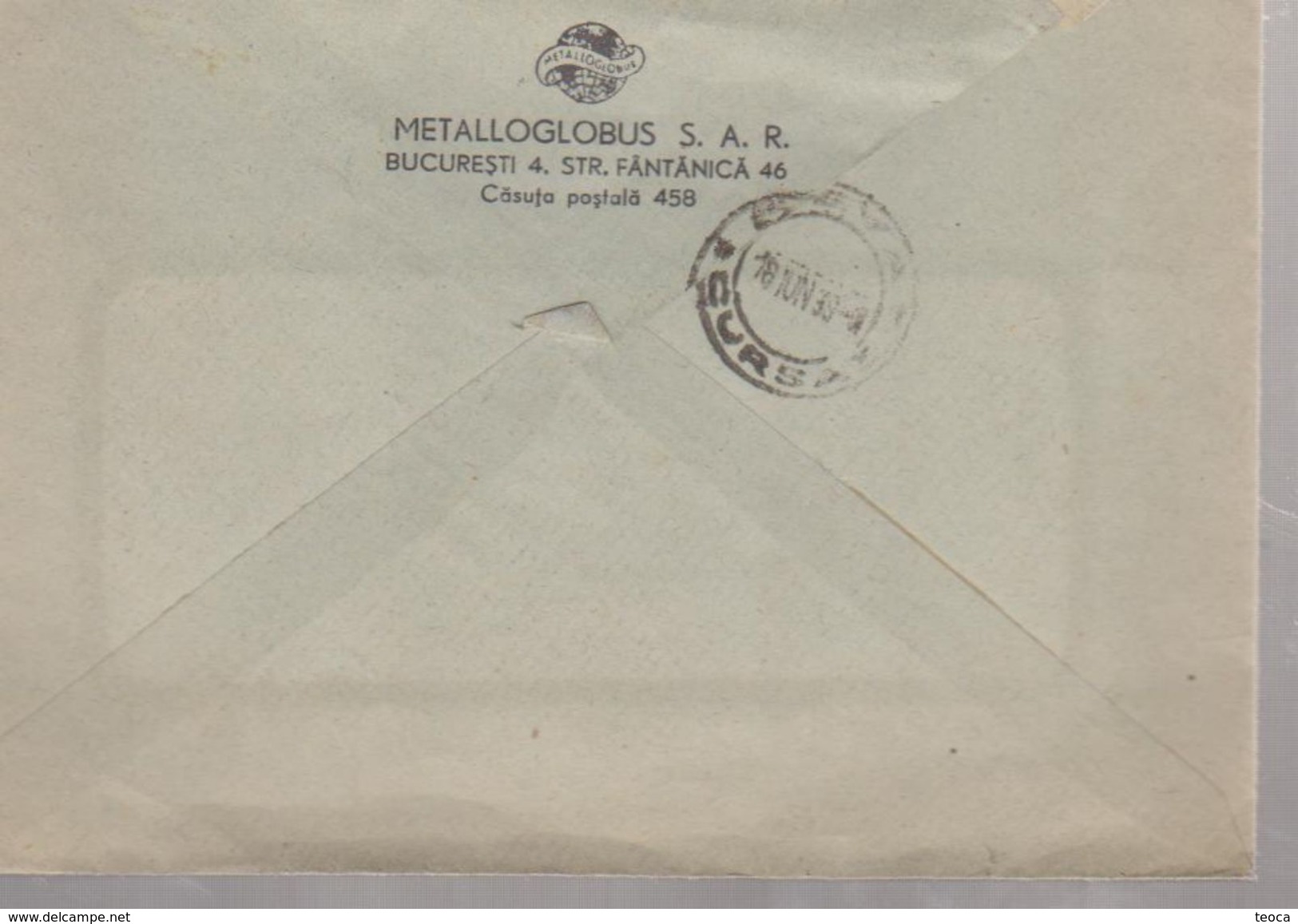 COVER ROUMANIE, 1939, CIRCULATED BUCURESTI WITH ANTET ``METALLOGLOBUS S.A.R.`` - Lettres & Documents