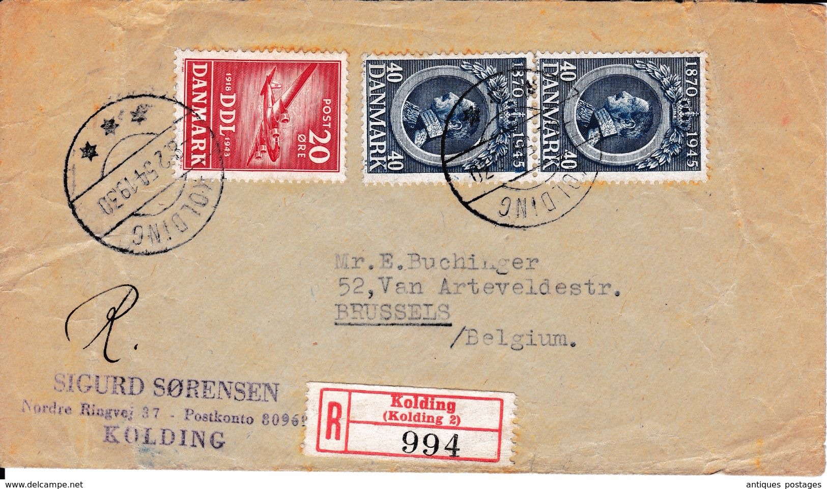 Lettre Danmark KOLDING 1930 Danemark Sigurd Sørensen Poste Aérienne Bruxelles Belgique - Luftpost