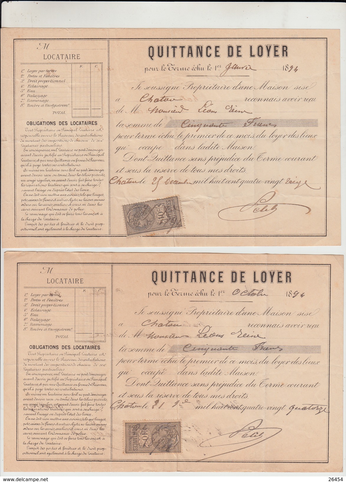 CHATOU  Annee 1893 Et 1894   Lot De 2 Quittances De LOYER  Avec Timbre FISCAL 10c - Banque & Assurance