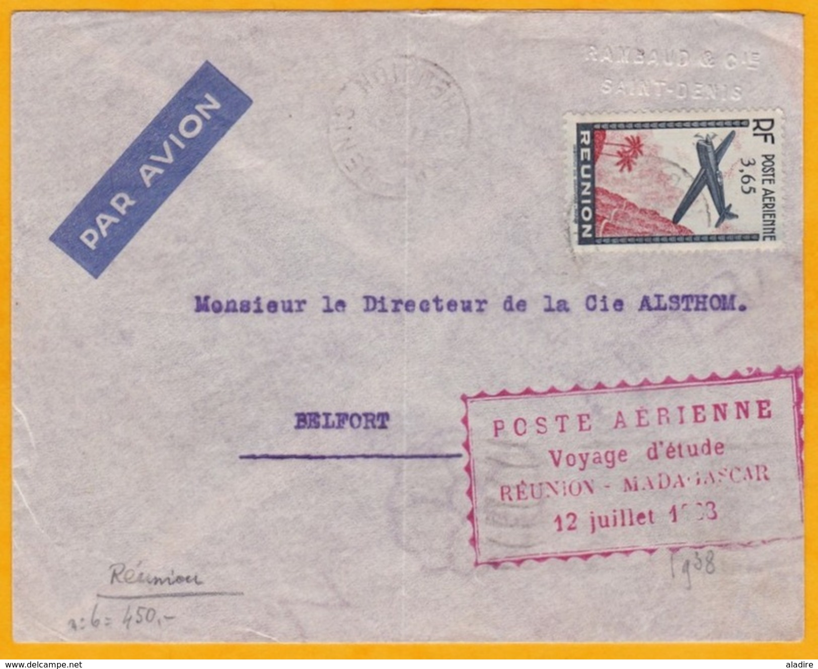 1938 - Enveloppe Par Avion Saint  Denis, Réunion Vers Belfort Via Voyage D'études Réunion-Madagascar - Cad Transit - Tp - Luchtpost