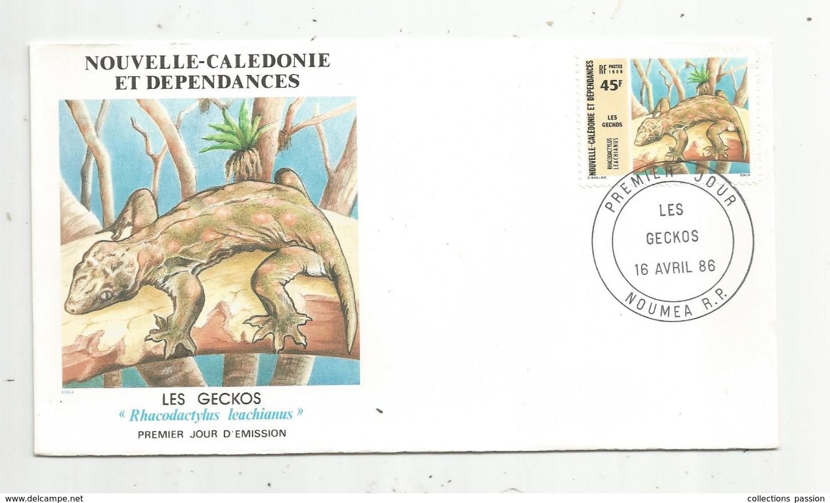 Timbre, FDC , 1 Er Jour , Nouvelle Calédonie Et Dépendances, LES GECKOS , NOUMEA, 1986 - Lettres & Documents