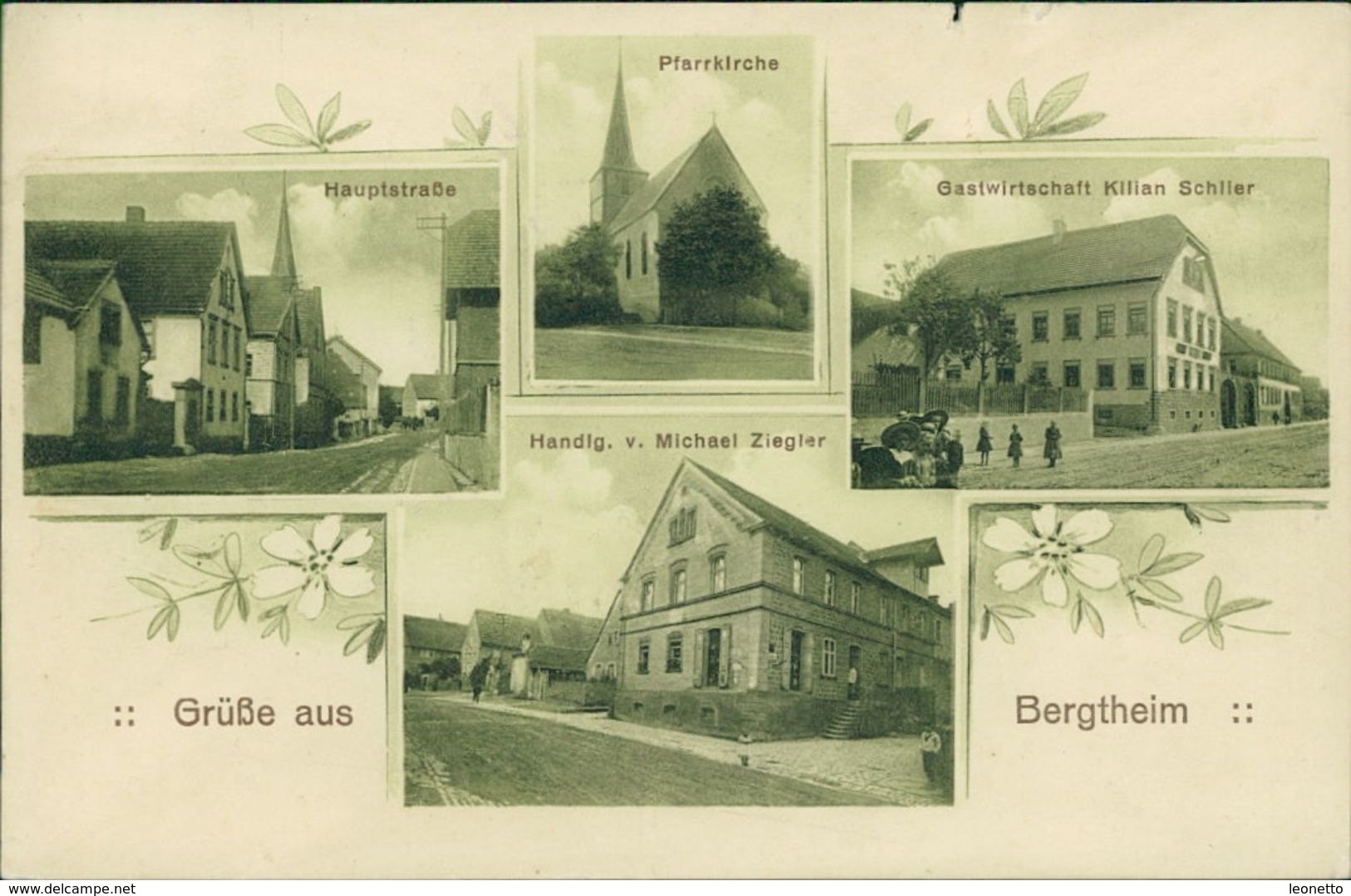 AK Bergtheim, Hauptstraße, Pfarrkirche, Gastwirtschaft Schlier, Handlung Ziegler, O Um 1922, Einkerbung Oben (23832) - Andere & Zonder Classificatie