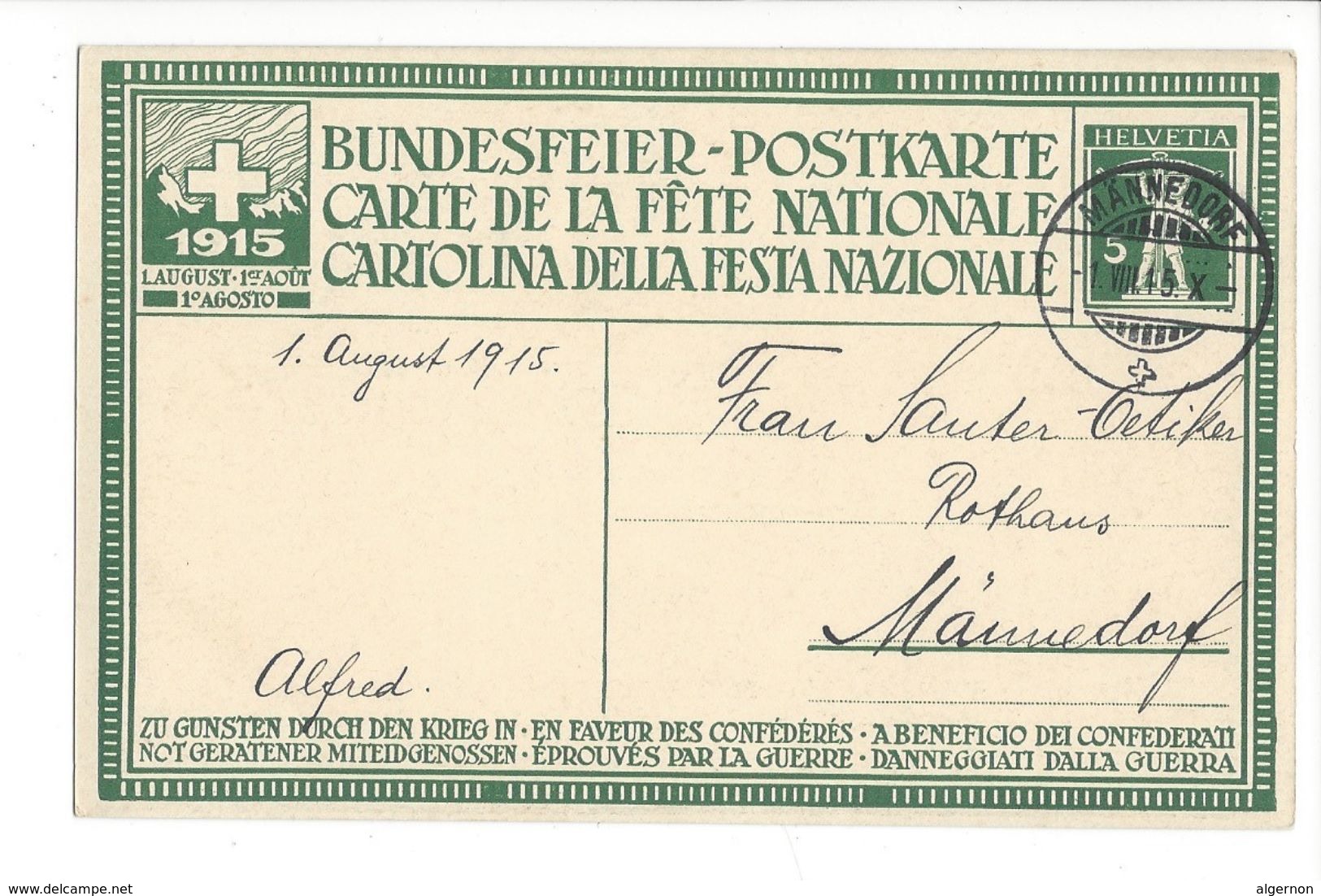 17803 - BundesfeierKarte Carte De La Fête Nationale 1915 Cachet Männedorf 01.08.1915 - Dorf