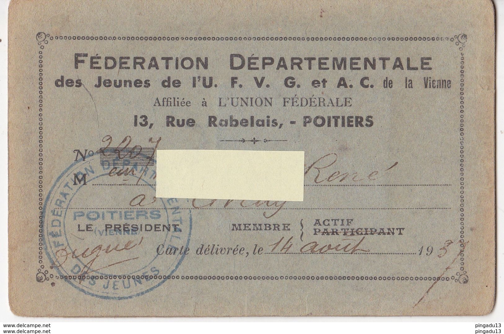 Au Plus Rapide Carte D'identité UFVG Jeunes De La Vienne 1937 Très Bon état - Documents Historiques