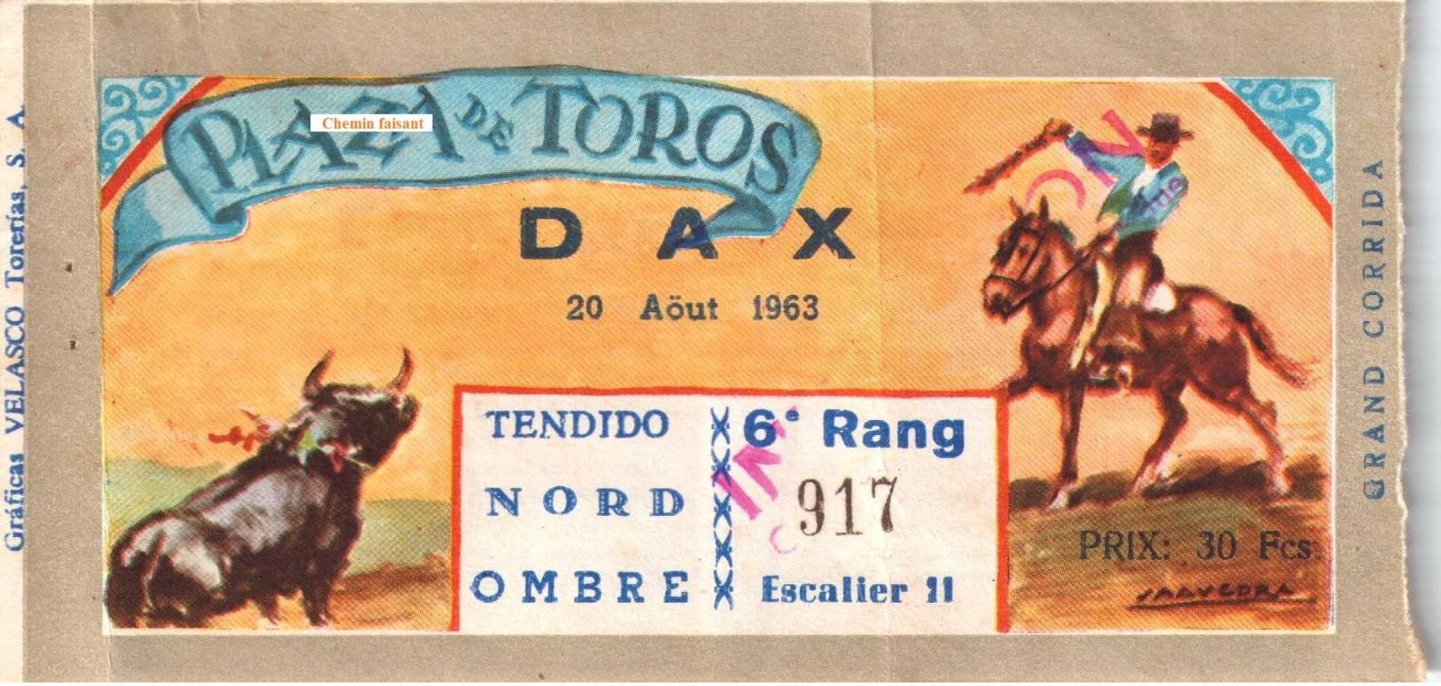 Billet De Corrida Du 20/08/1963 PLAZA DE TOROS De TOULOUSE 31 - Scans Recto-verso - Tickets D'entrée