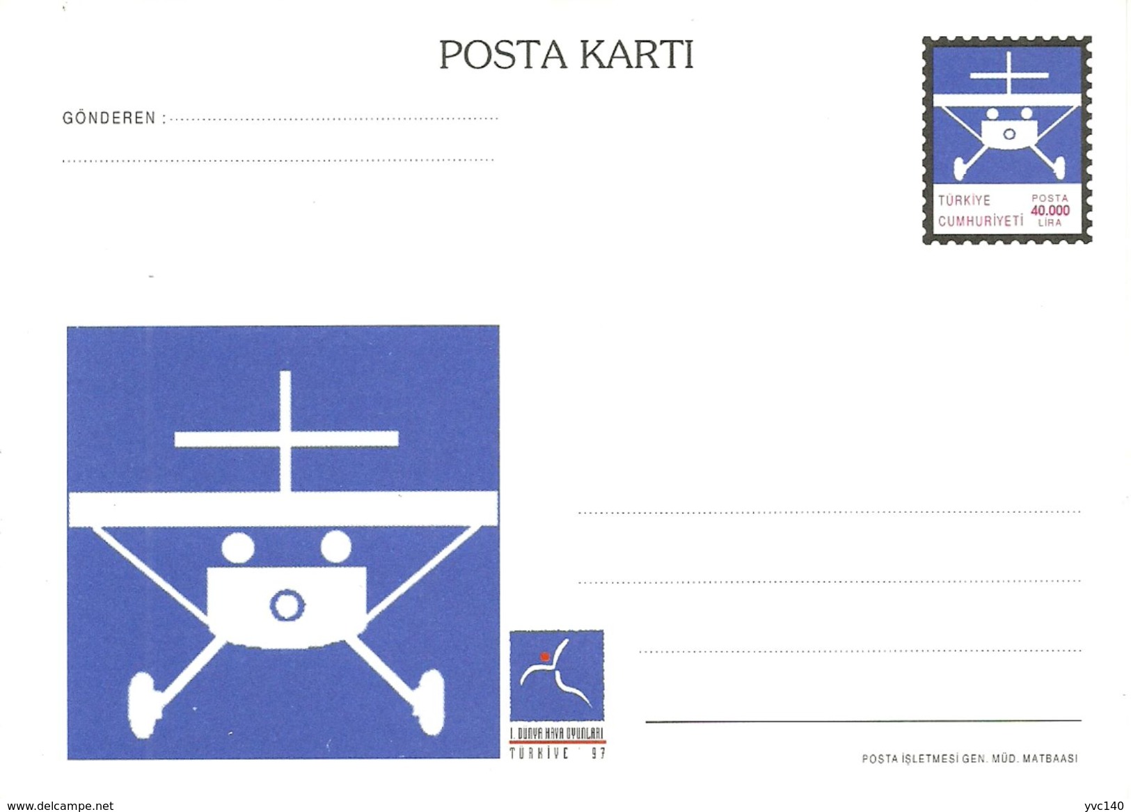 Turkey ; 1997 Postal Stationery "1st World Air Games (Glider)" - Entiers Postaux