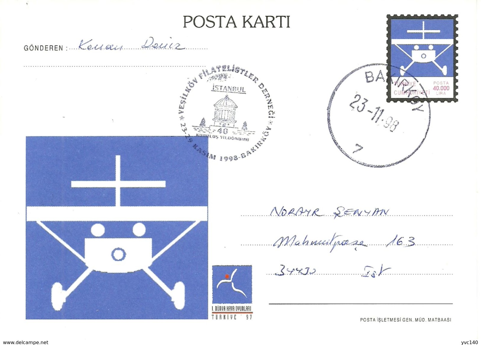 Turkey ; 1997 Postal Stationery "1st World Air Games (Glider)" - Postal Stationery