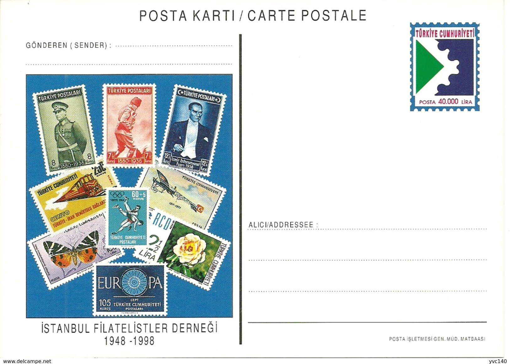 Turkey; 1998 Postal Stationery "50th Anniv. Of Istanbul Philatelists Society" - Postal Stationery