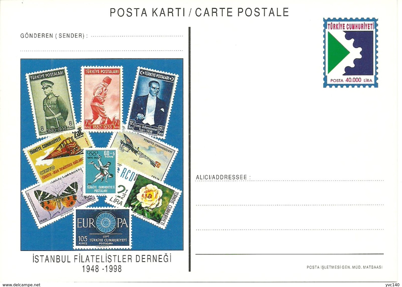 Turkey; 1998 Postal Stationery "50th Anniv. Of Istanbul Philatelists Society" - Entiers Postaux