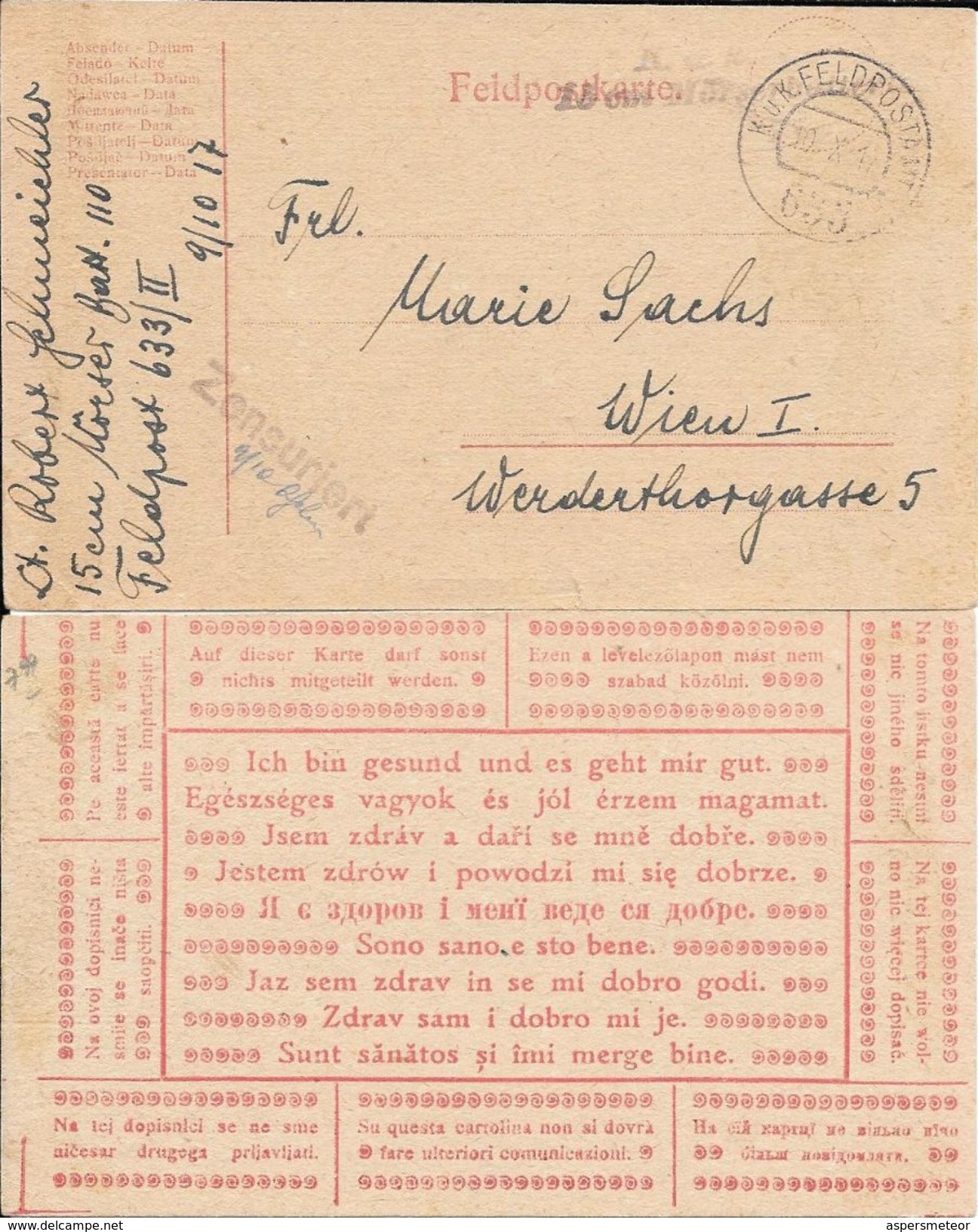 FELDPOSTKARTE YEAR 1917 A MARIE SACHS WIEN I FRANCHISE MILITAIRE 633/II - Sonstige & Ohne Zuordnung