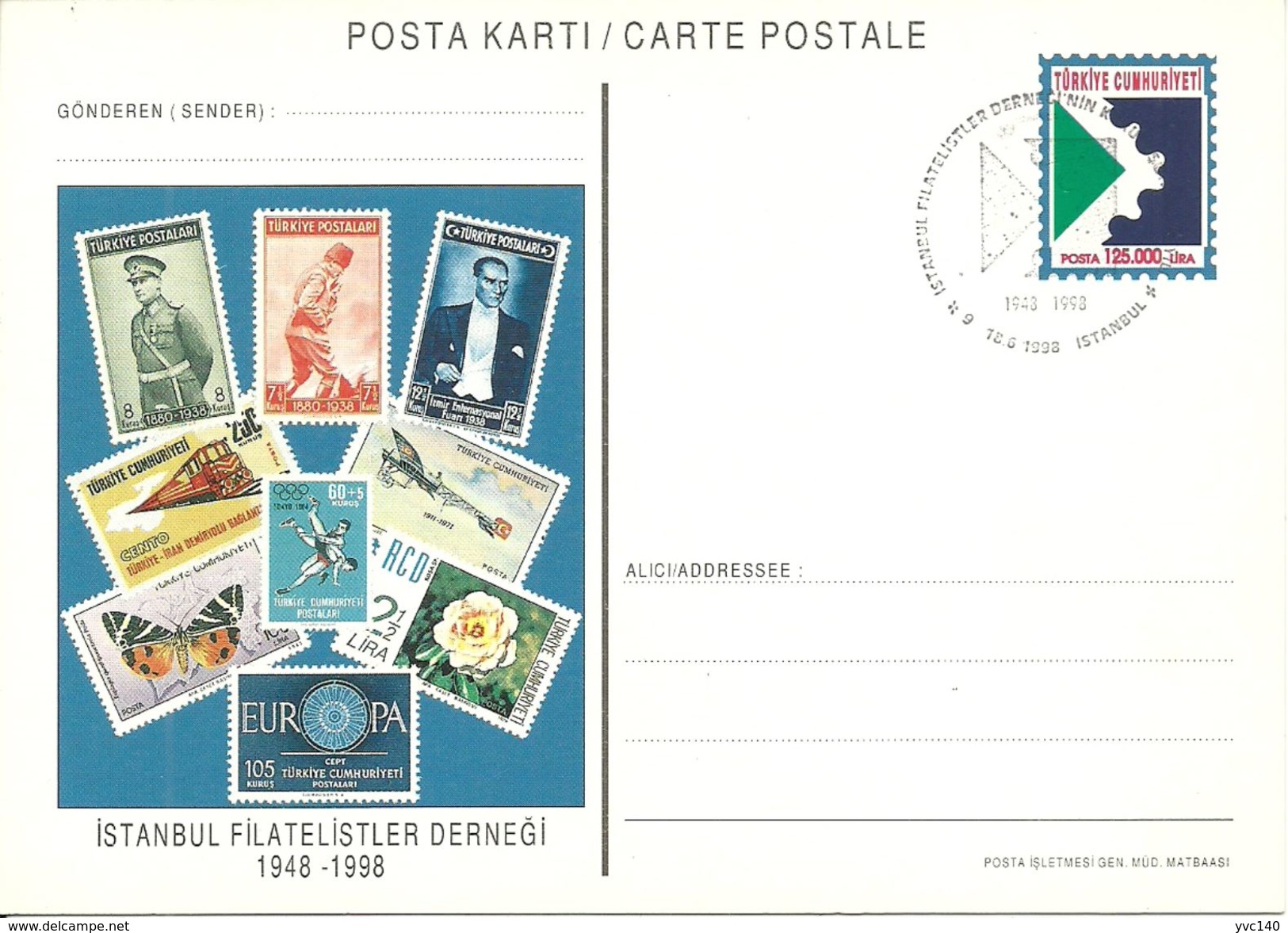 Turkey; 1998 Postal Stationery "50th Anniv. Of Istanbul Philatelists Society" - Interi Postali