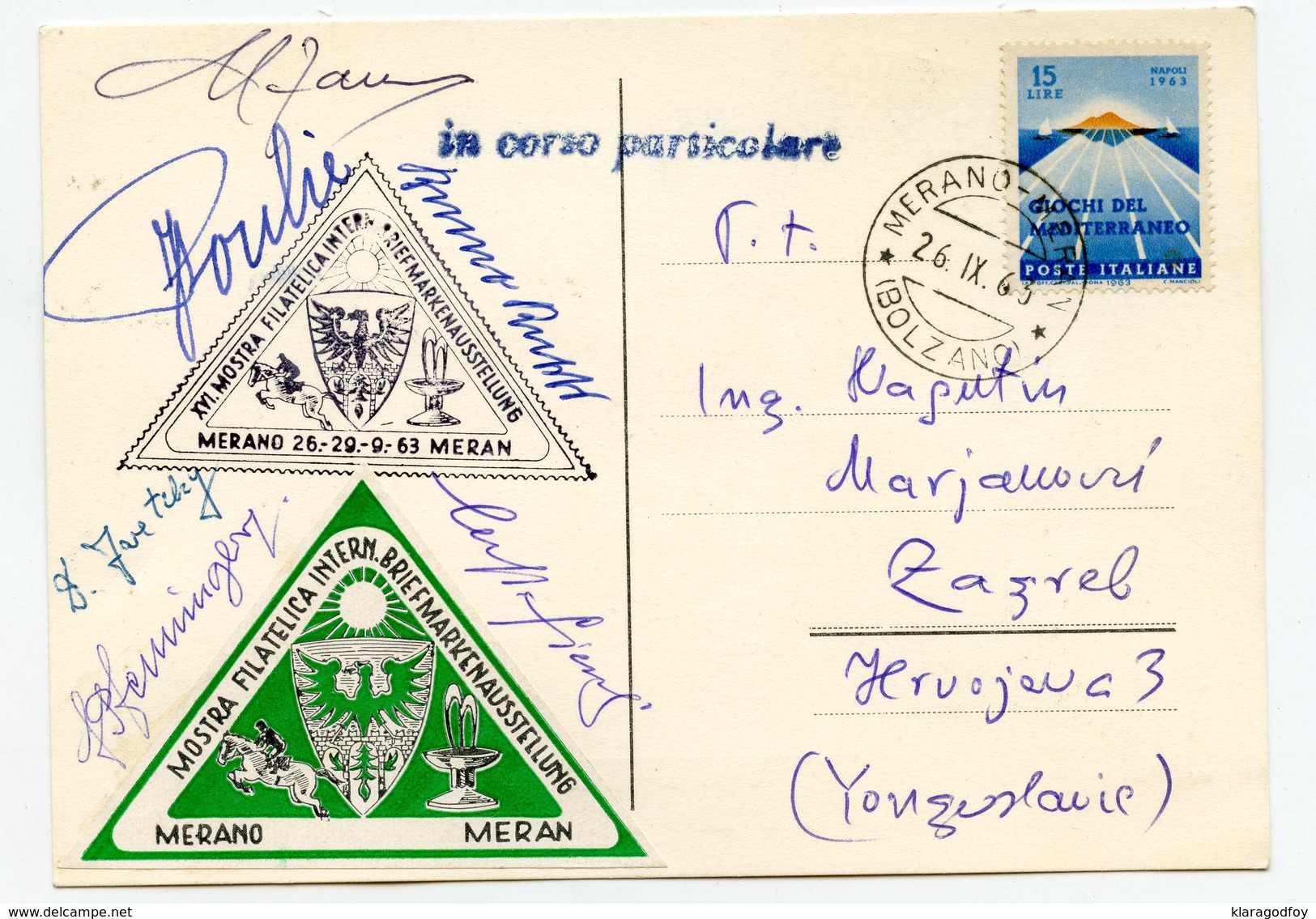 Mostra Filatelica Merano Illustrated Special Postcard And Postmarks + Cinderella Travelled 1963 To Yugoslavia B171020 - 1961-70: Storia Postale