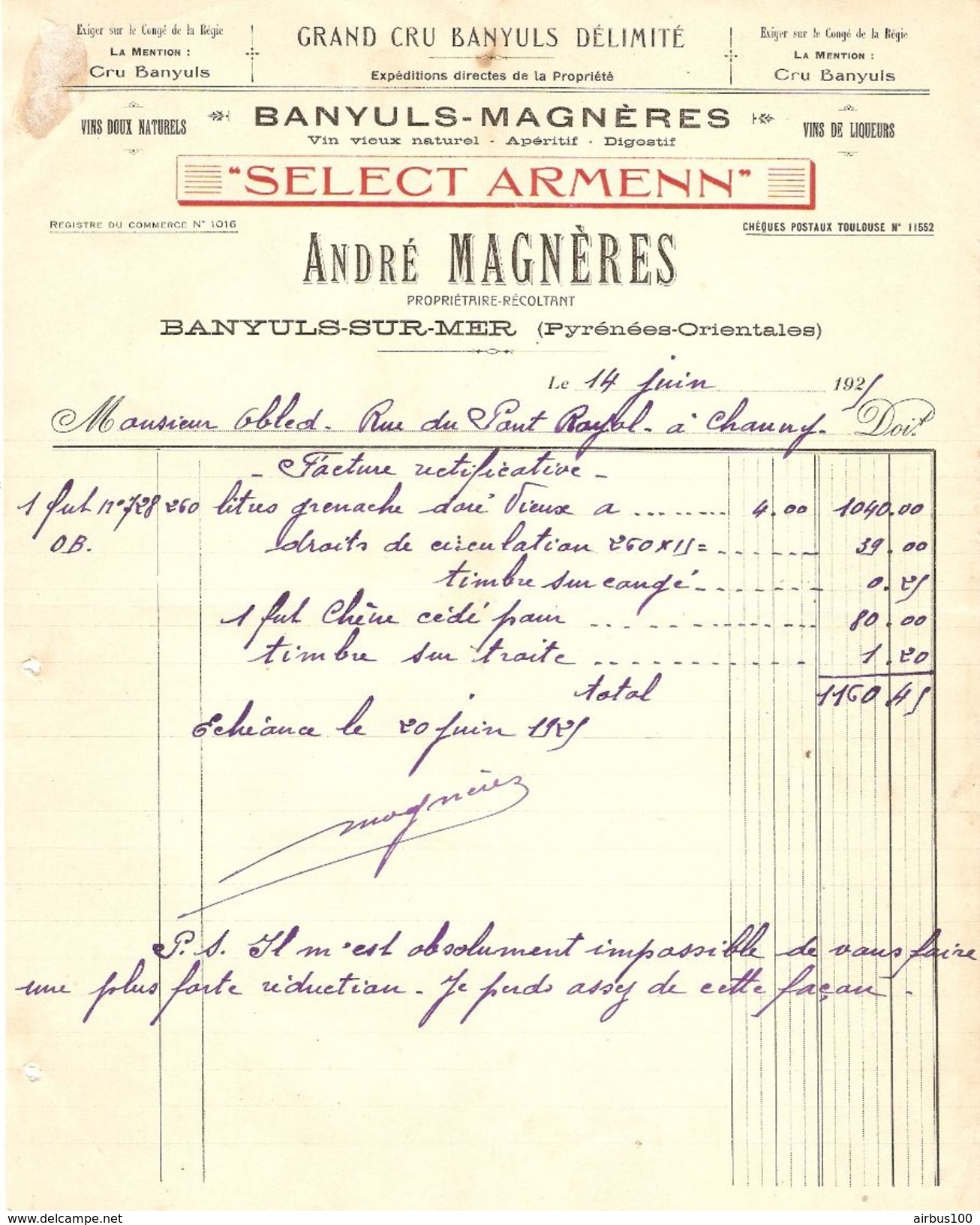 FACTURE 1925 ANDRÉ MAGNERES BANYULS SUR MER - SELECT ARMENN GRAND CRU BANYULS DÉLIMITÉ - Alimentaire