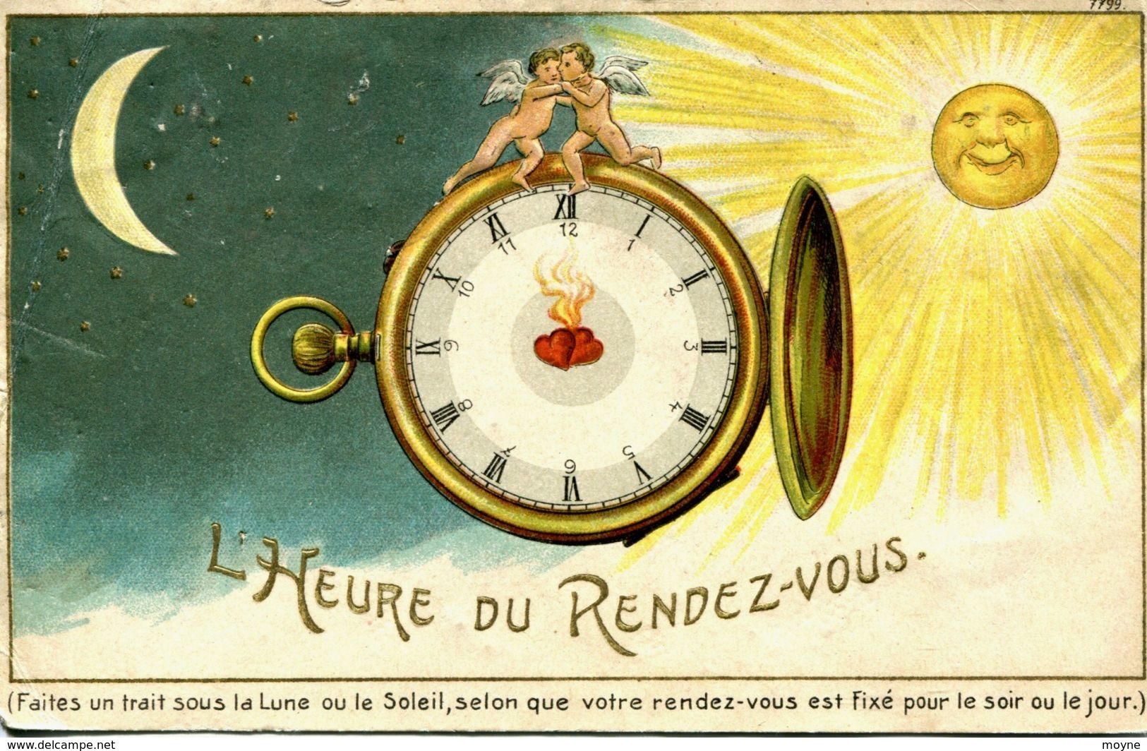 13465  L'HEURE Du RENDEZ VOUS  : LUNE  -  SOLEIL  - 2 Amours Sur La Montre -  Lire La Légende - Humour