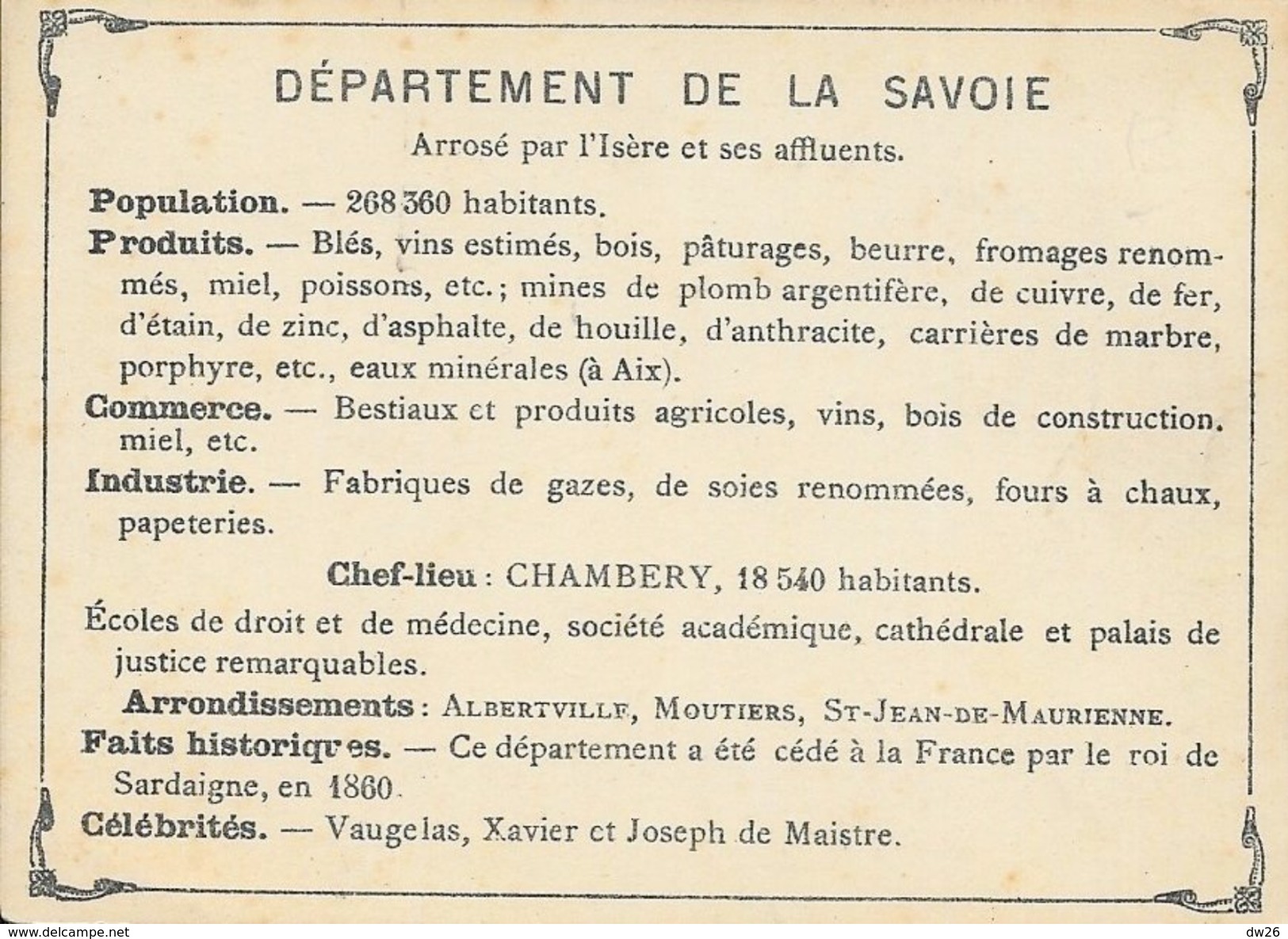 Département De La Savoie, Chef Lieu Chambéry - Produits, Drapeau, Célébrités... - Dos Vierge, Sans Illustration - Geographie