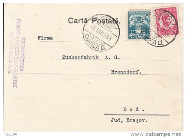 KING CHARLES II, AVIATION, STAMPS, PERFINS, BRASOV COMPANY HEADER POSTCARD, 1934, ROMANIA - Lettres & Documents