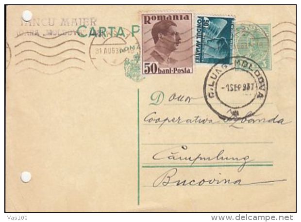 KING CHARLES II, AVIATION, CAMPULUNG MOLDOVENESC-BUKOVINA, PC STATIONERY, ENTIER POSTAL, 1937, ROMANIA - Lettres & Documents