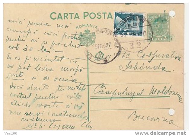 KING CHARLES II, AVIATION STAMP, CAMPULUNG MOLDOVENESC-BUKOVINA, PC STATIONERY, ENTIER POSTAL, 1937, ROMANIA - Lettres & Documents