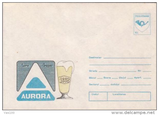 DRINKS, AURORA BEER, COVER STATIONERY, ENTIER POSTAL, 1992, ROMANIA - Biere