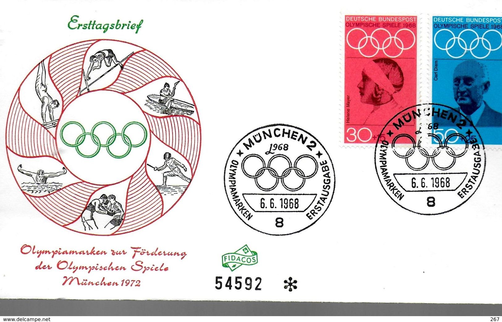 ALLEMAGNE  FDC    Jo 1968   Tennis Escrime Boxe Natation Hauteur Gymnastique Canoe Logo - Tennis