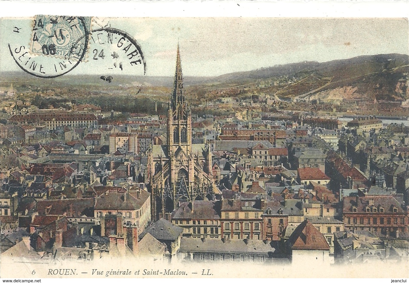 6. ROUEN . VUE GENERALE ET SAINT-MACLOU . AFFR A-CHEVAL RECTO/VERSO DU 4-11-1906 . - Rouen