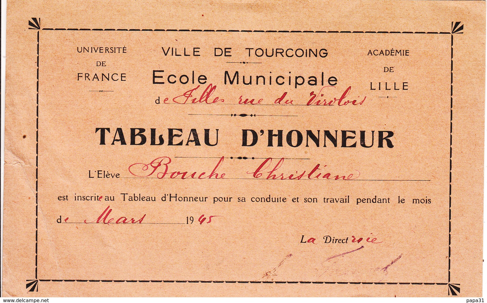 59 - TOURCOING - Tableau D'Honneur - Ecole Municipale - Tourcoing