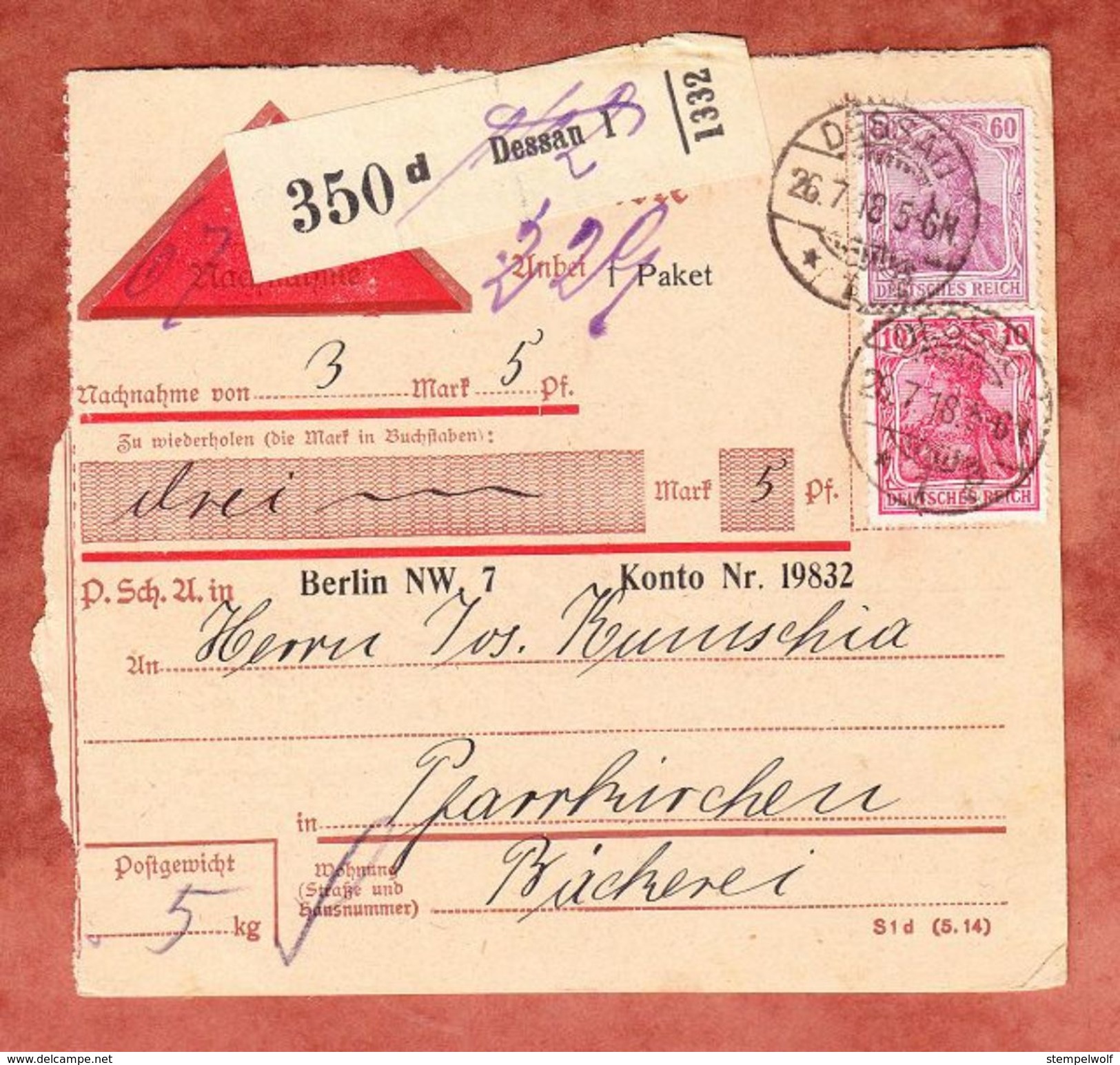 Paketkartenteil, Nachnahme, MiF Germania, Dessau Nach Pfarrkirchen 1918 (42496) - Briefe U. Dokumente