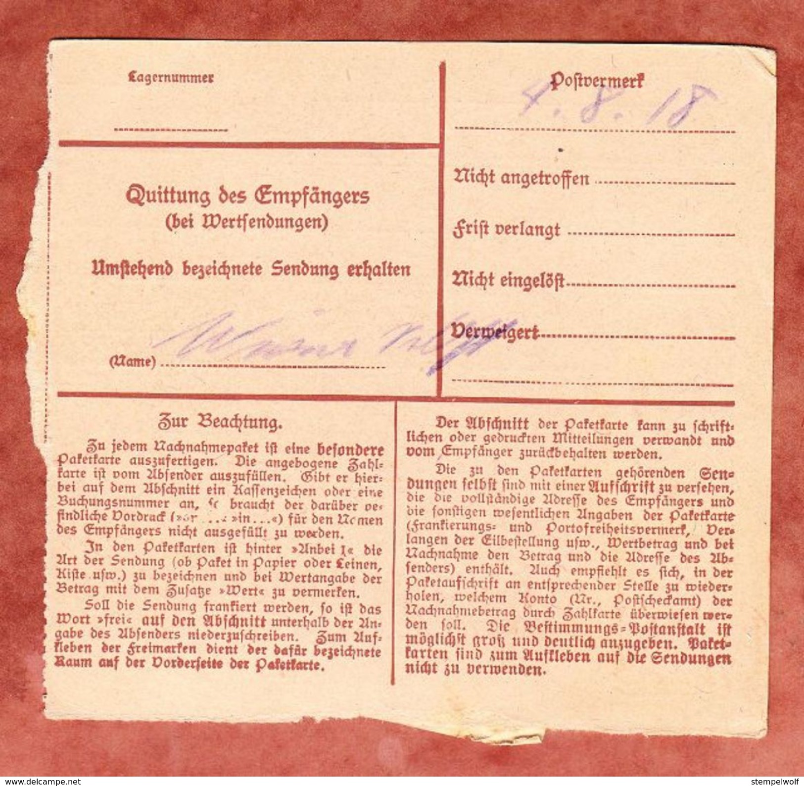 Paketkartenteil, Nachnahme, MiF Germania, Dessau Nach Pfarrkirchen 1918 (42496) - Briefe U. Dokumente