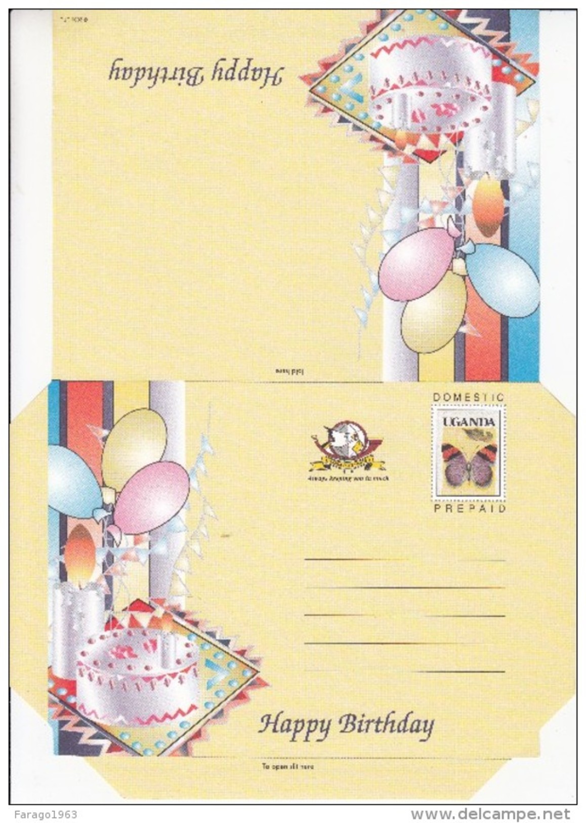 Uganda 2000 Domestic Greeting Aerogramme + Birthday Featuring Butterfly Stamp  - Unfolded Unused - Papillons