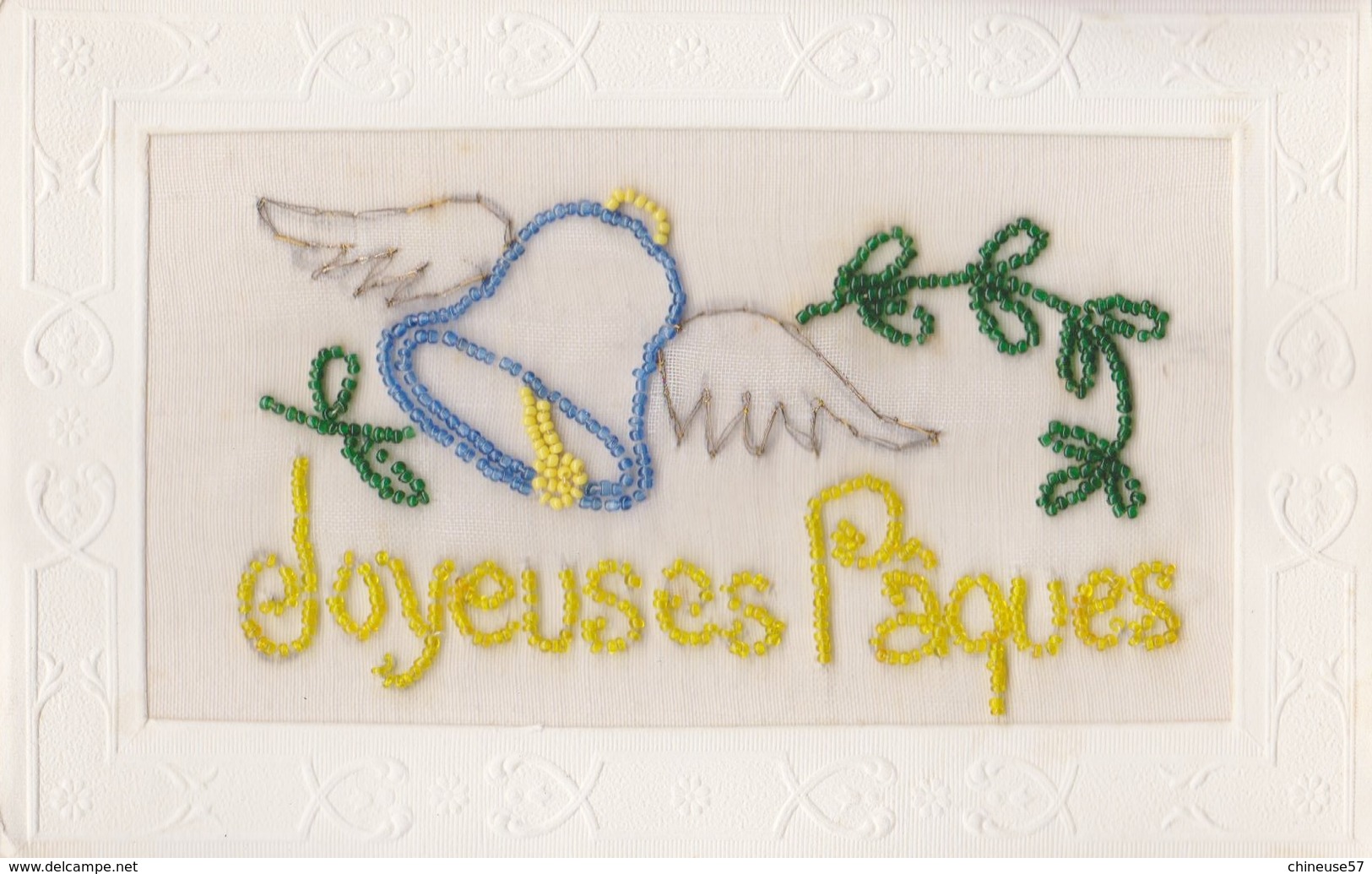 Carte Brodée Joyeuses Paques De Petites Perles Cloche Ailée - Brodées