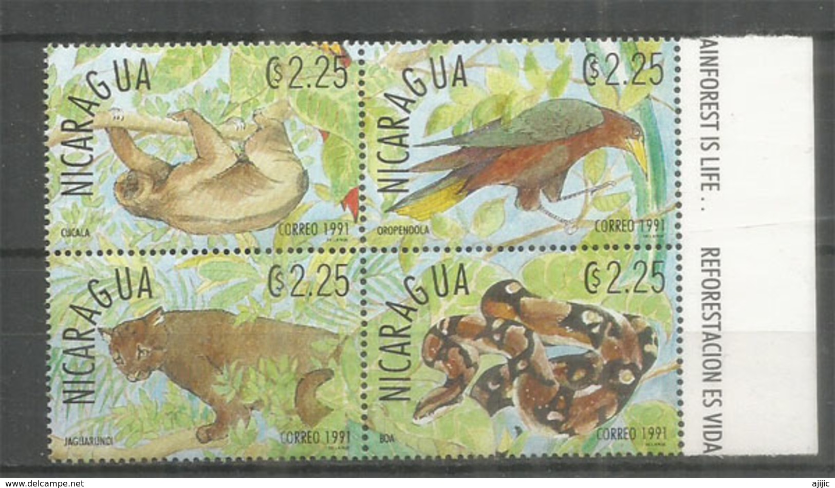 Jaguar, Boa,paresseux,etc. Faune Du Nicaragua.  4 Timbres Neufs ** En Bande, Bord De Feuille - Roofkatten