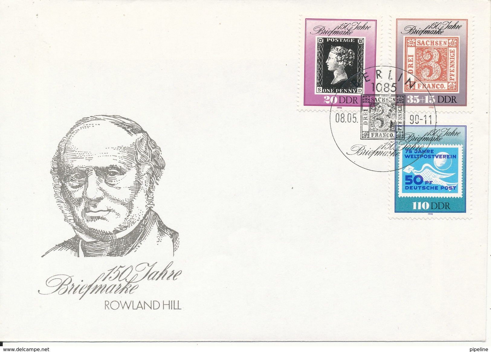 Germany DDR FDC 9-5-1990 Complete Set Of 3 Sir Rowland Hill With Cachet - Autres & Non Classés