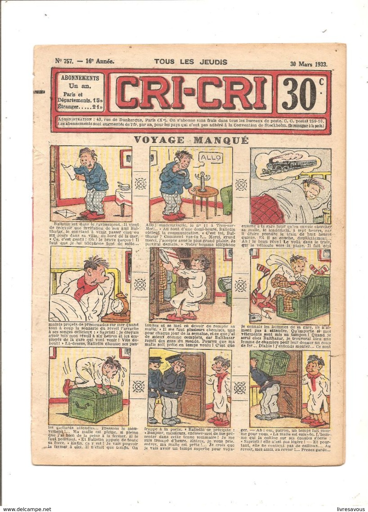 CRI-CRI N°757 Du 30 Mars 1933 (16 ème Année) Voyage Manqué - Autre Magazines