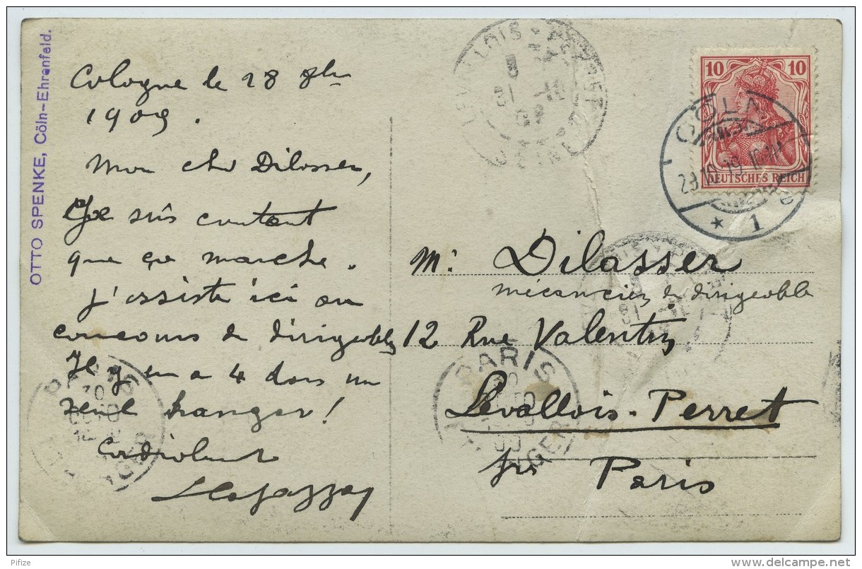 Carte Postale Autographe Signée De L'aéronaute Corse Louis Capazza, Au Mécanicien De Dirigeable Dilasser. Cologne 1909 . - Autres & Non Classés