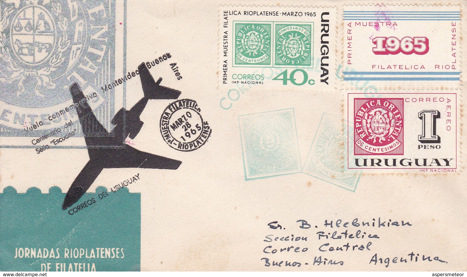 VUELO CONMEMORATIVO MONTEVIDEO-BUENOS AIRES CENTENARIO SELLO ESCUDITO 1965 FIRST FLIGTH AIRMAIL -URUGUAY - BLEUP - Uruguay