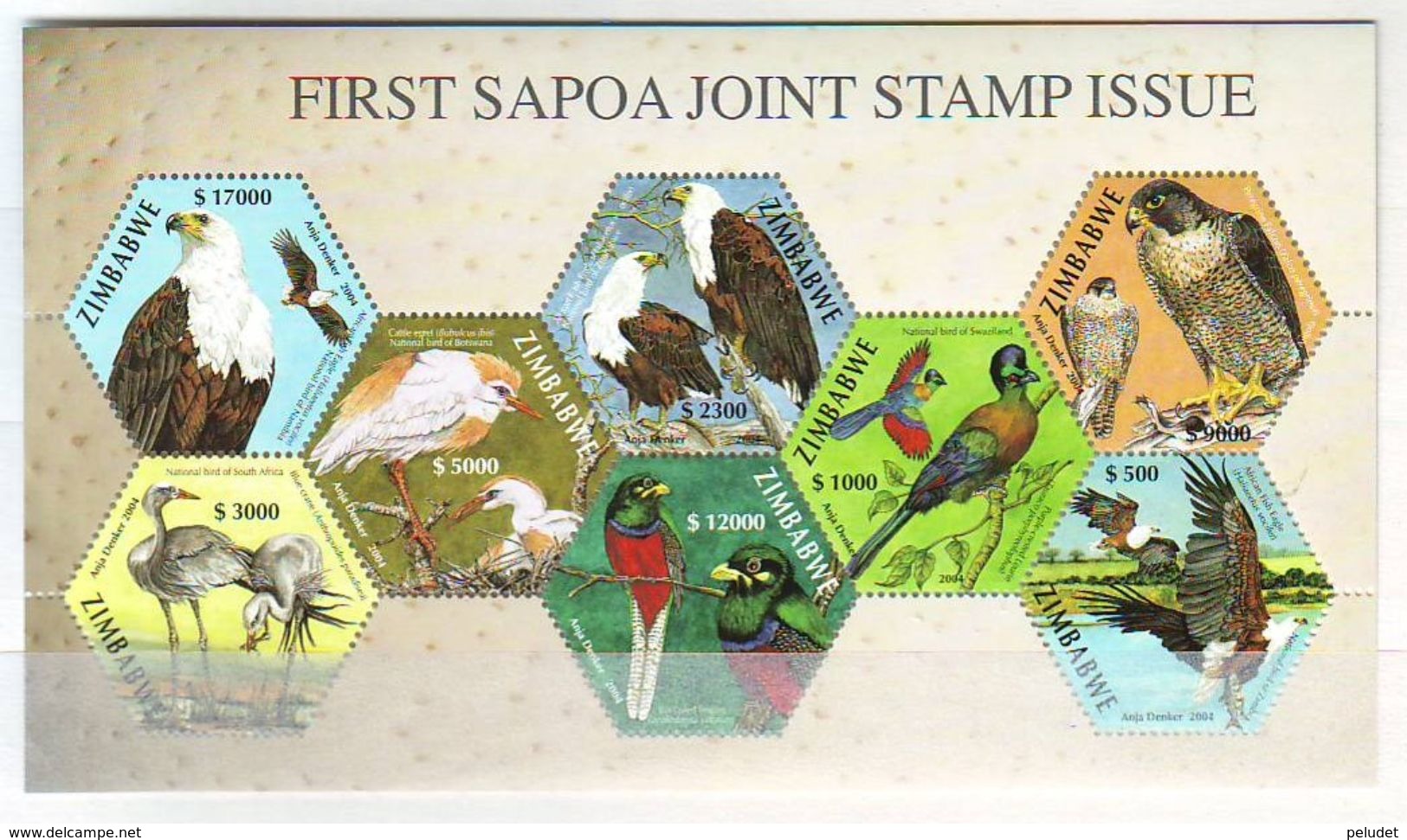 Zimbabwe 2004 Oiseaux Nationaux, First Sapoa Joint Stamp Issue - Minisheet 8 V. ** Mi BL13, Sn 975, Sg MS1143 - Zimbabwe (1980-...)