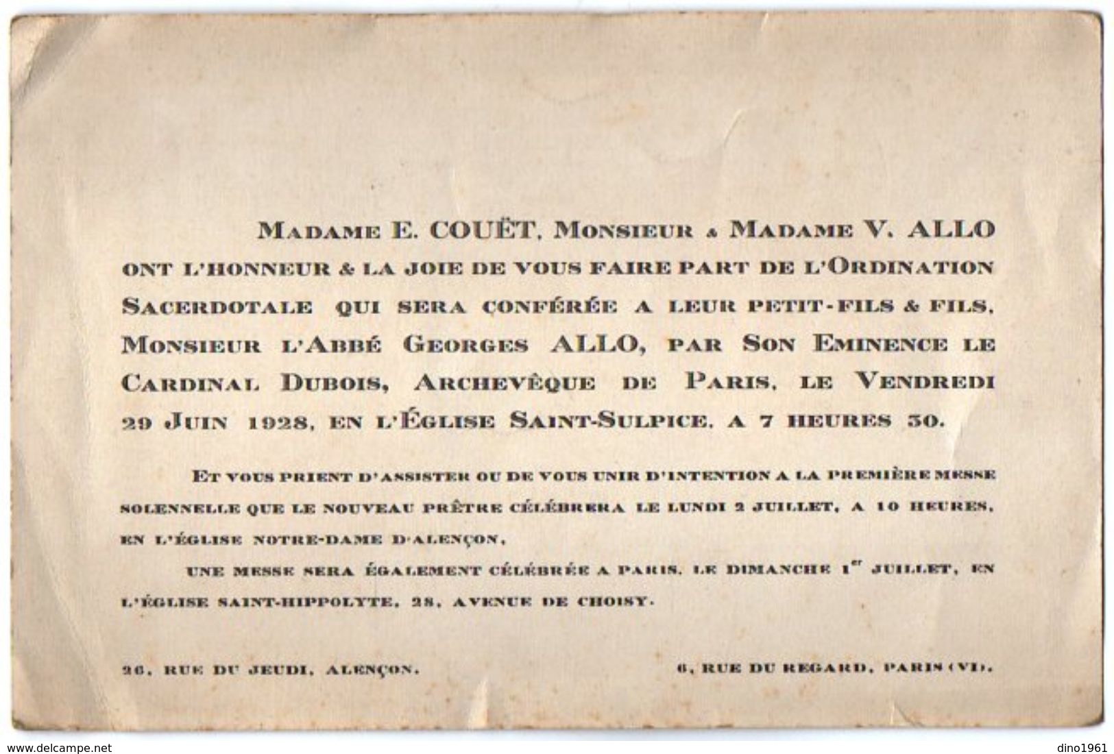 VP11.100 - 1928 -  ALENCON X PARIS - Faire - Part De L'Ordination Sacerdotale De Mr L'Abbé George ALLO - Andere & Zonder Classificatie