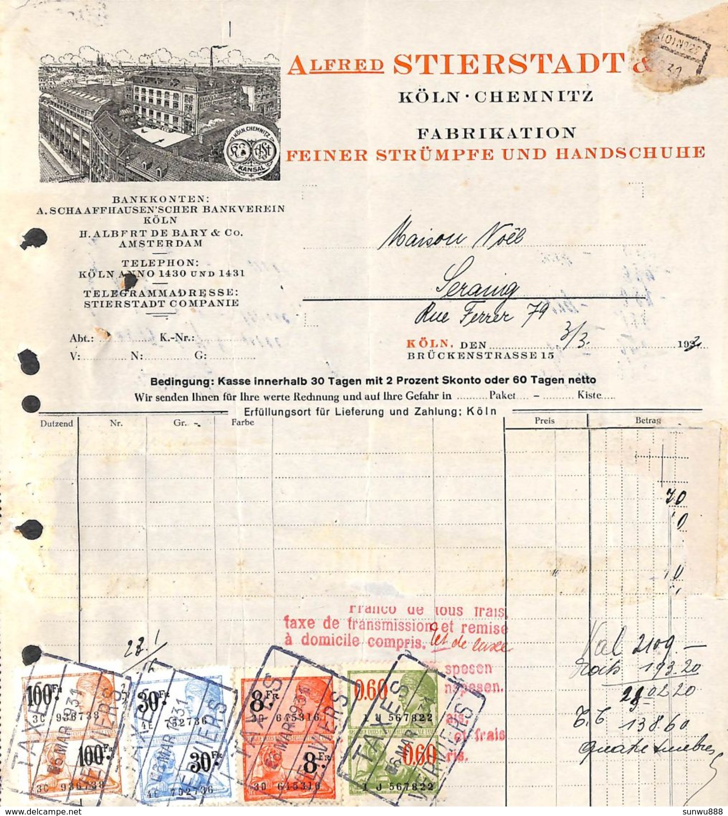 Alfred Stierstadt - Köln (Fabrikation Strümpfe Und Handschuhe) Stamps, Illustration, 1931 - 1900 – 1949