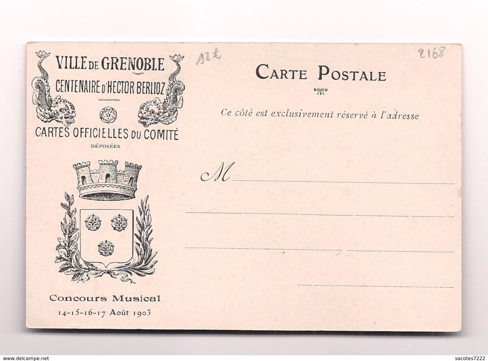 GRENOBLE  CENTENAIRE D'HECTOR BERLIOZ - CARTE OFFICIELLE DU COMITE - AOUT 1903 - - Grenoble