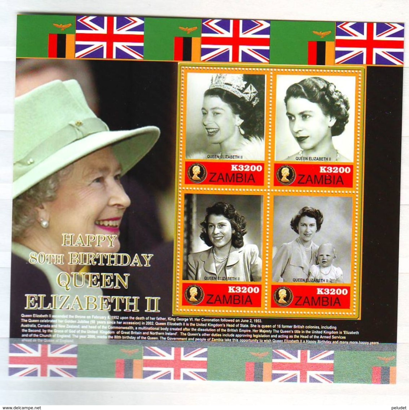 Zambia 2006 The 80th Anniversary Of The Birth Of Queen Elizabeth II Minisheet 4 V. Mint ** - Zambia (1965-...)