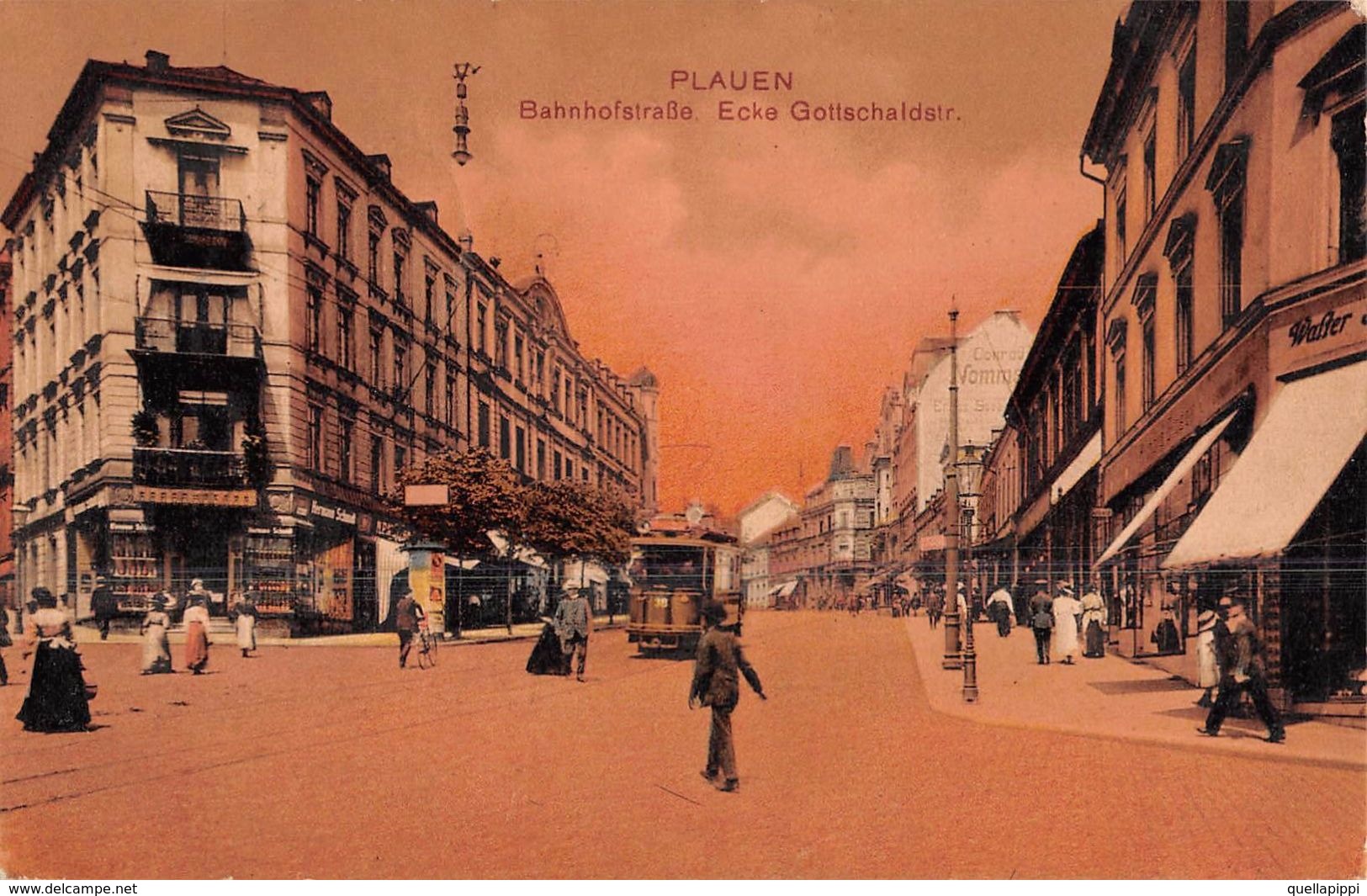 06740 "GERMANIA-SASSONIA-PLAUEN- BAHNHOFSTRASSE ECKE GOTTSCHALDSTR"  ANIMATA, TRAMWAY. CART  SPED 1914 - Plauen