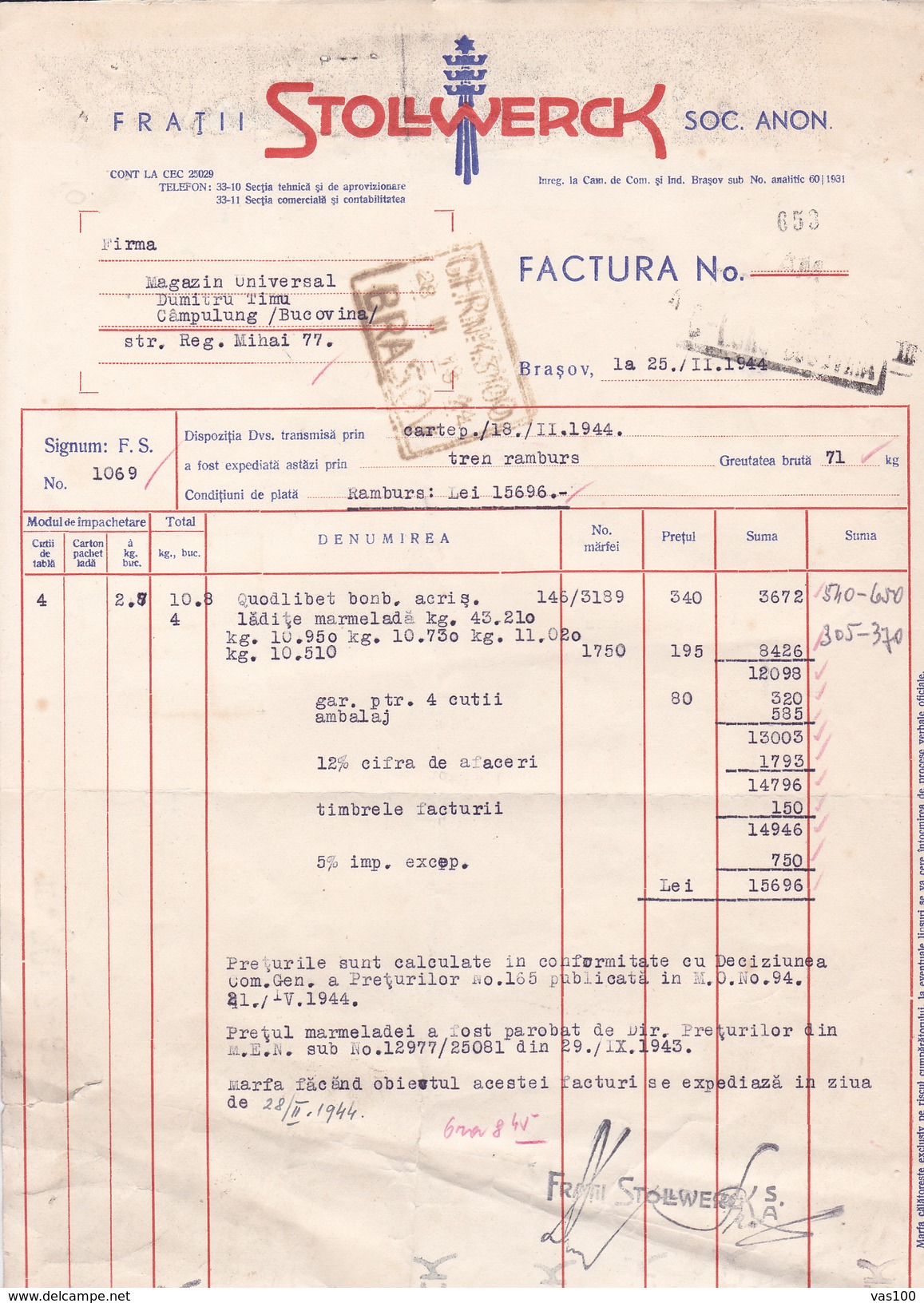 INVOICE,FRATII STOLLWERCK,BUCOVINA 1944,PERFINS PERFORES,REVENUE STAMPS,RARE!PATENT "SF", ROMANIA. - Perfin