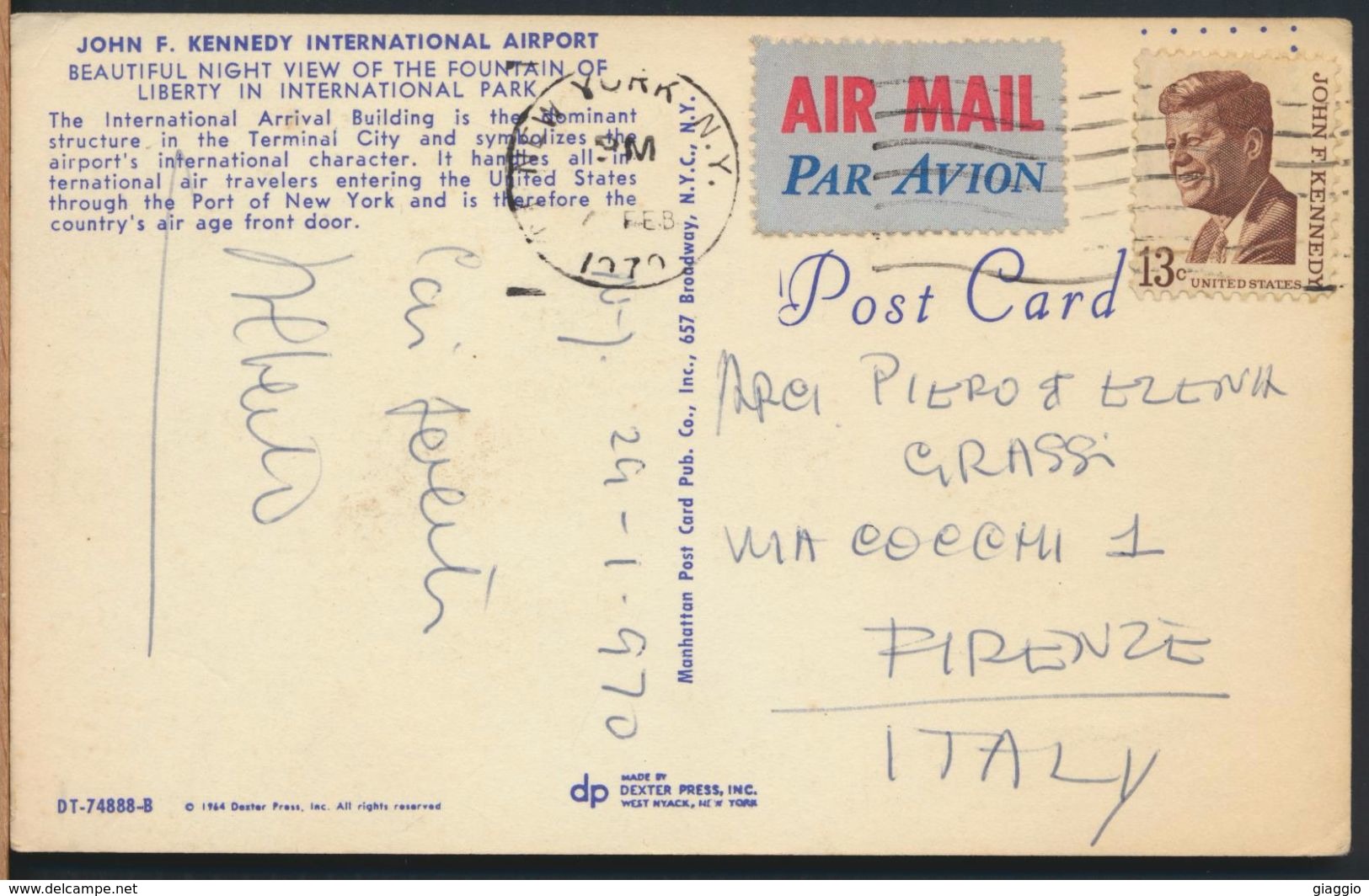 °°° 9328 - USA - NY - NEW YORK - KENNEDY INTERNATIONAL AIRPORT FOUNTAIN - 1970 With Stamps °°° - Transports