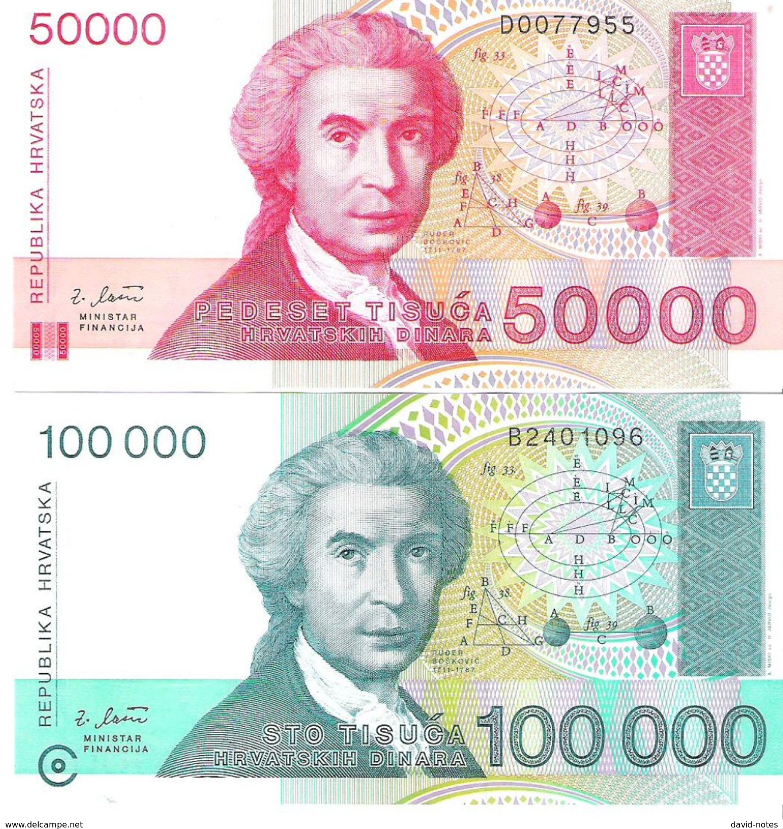 Croatia - Pick 26, 27 - 50.000, 100.000 (50000, 100000) Dinara 1993 - Unc - Set 2 Banknotes - Croatia