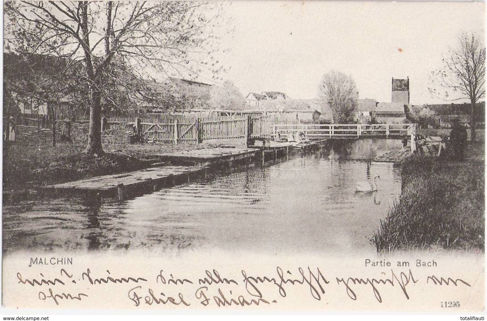 MALCHIN Mecklenburg Partie Am Bach Wäscherin Mit Kindern Schwan Fußgänger Brücke 24.8.1917 Gelaufen - Teterow