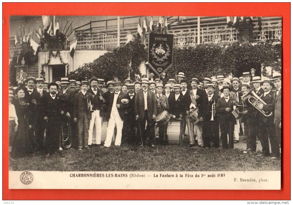 MIG-21  Charbonnières-les-Bains, La Fanfare à La Fête Du 1er Août 1907. TRES ANIME: Circulé Sous Enveloppe En 1911 - Charbonniere Les Bains