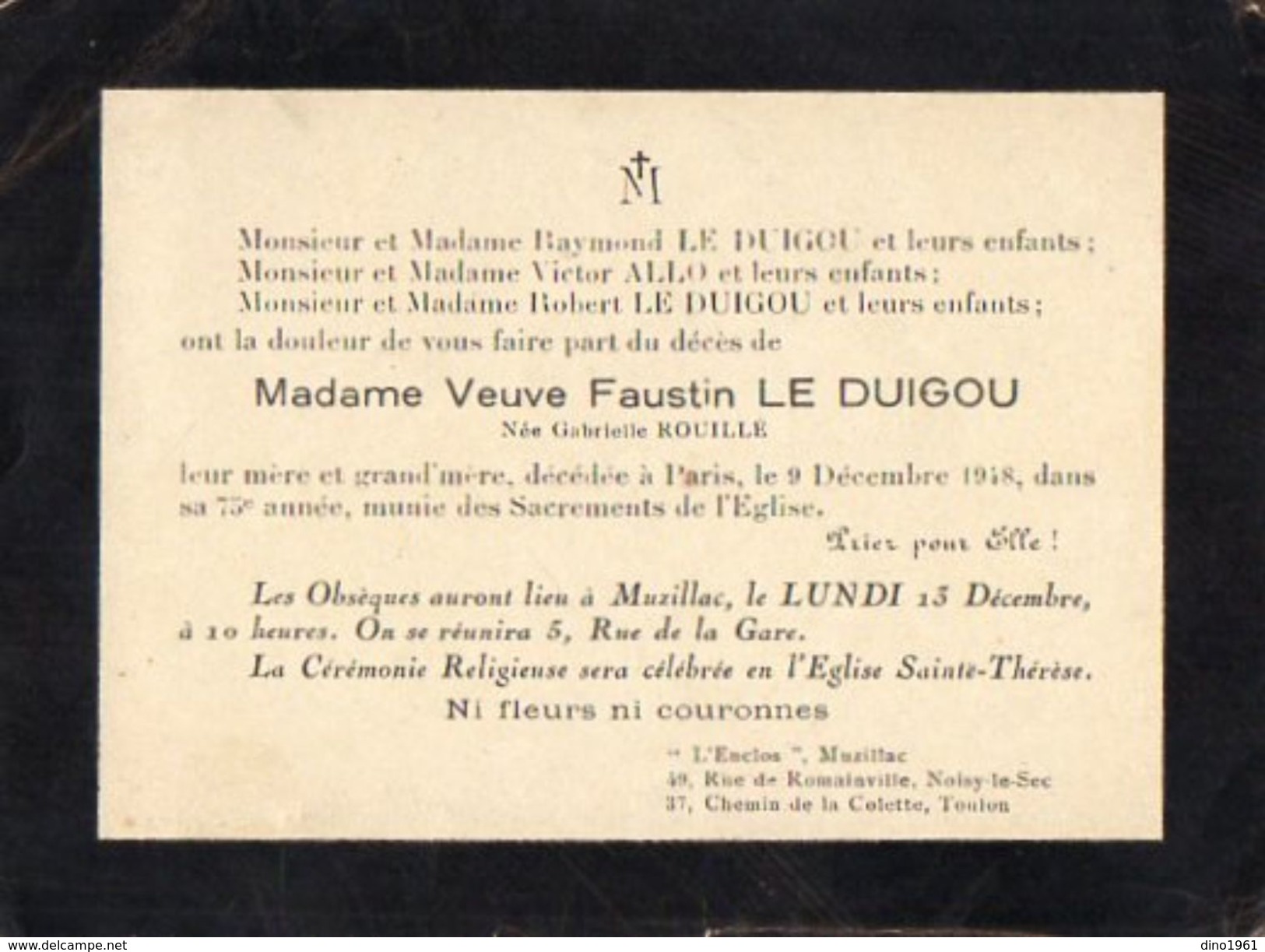 VP11.101 - MUZILLAC X NOISY LE SEC X TOULON - 1948 - Faire - Part De Décès De Mme Vve Faustin LE DUIGOU Née G. ROUILLE - Décès