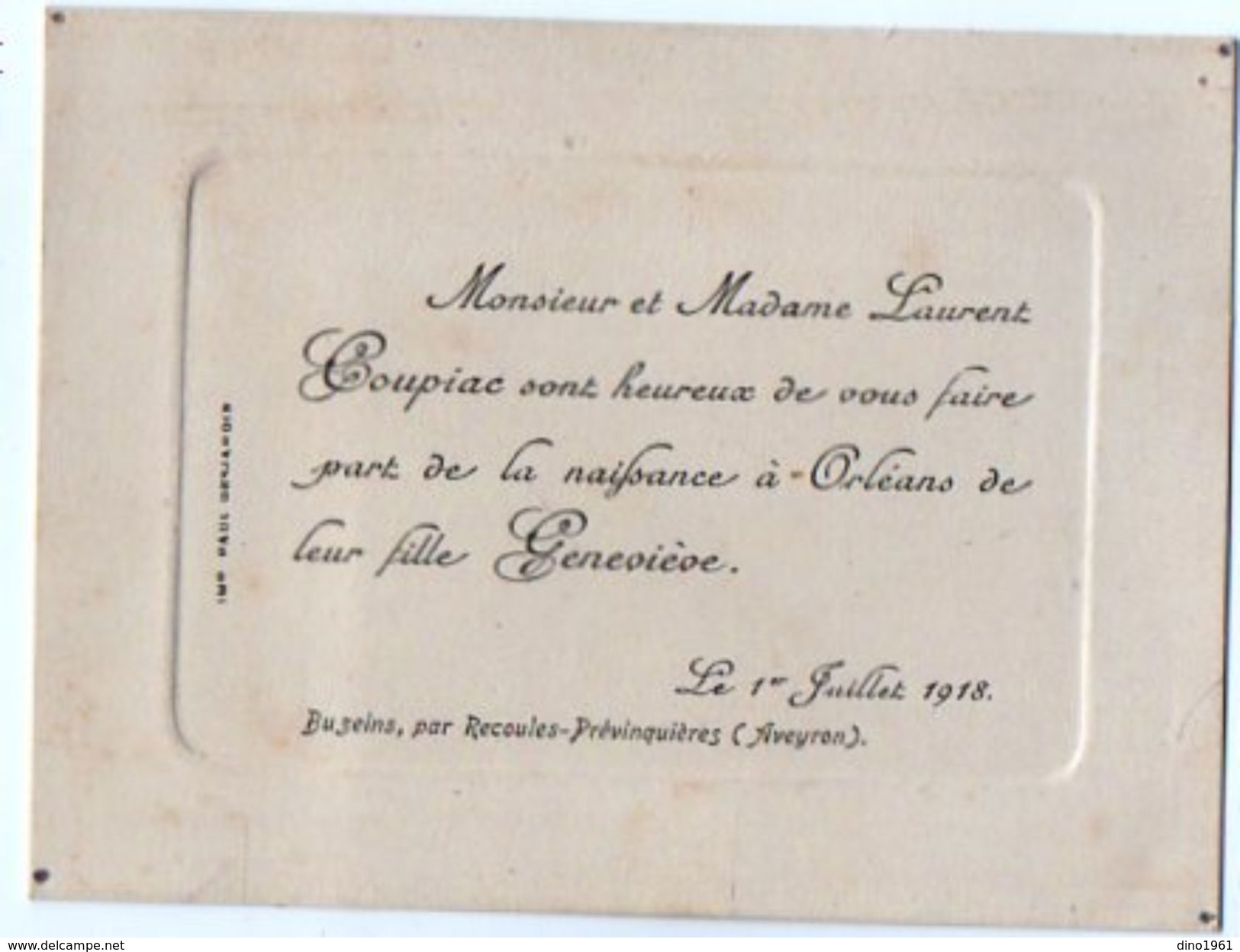 VP11.104 - BUZEINS 1918 - Faire - Part De Naissance De Melle Geneviève COUPIAC à ORLEANS - Nascita & Battesimo