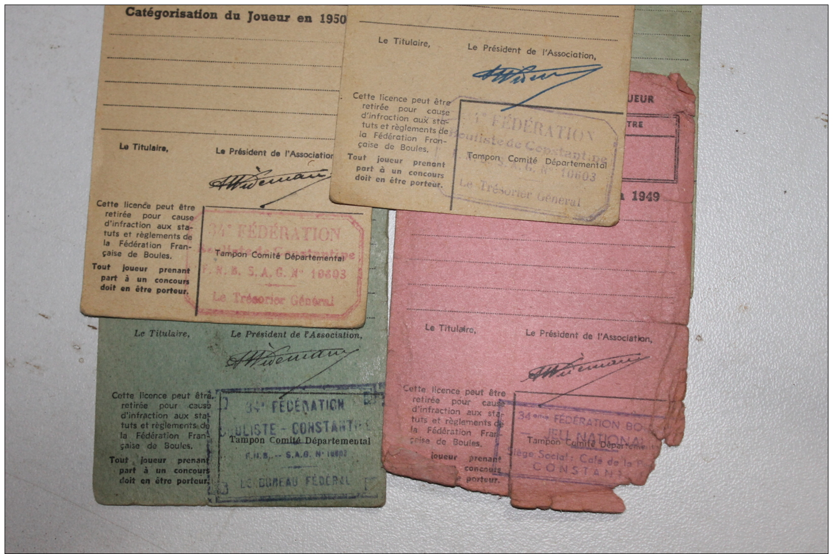 Lot De Licences De Club De Pétanque D'Algérie 1948-1952 - Pétanque