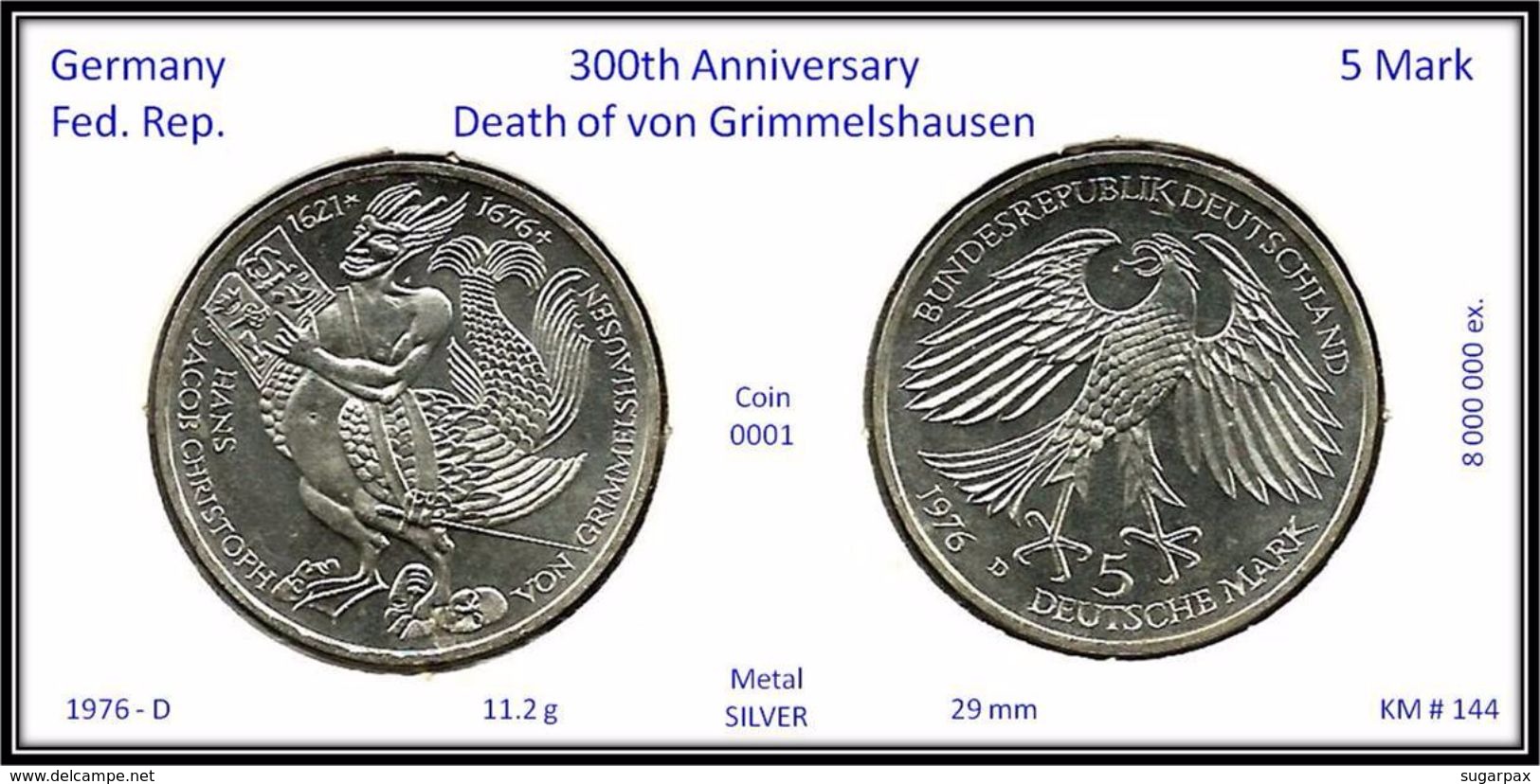 GERMANY Fed. Rep. - 5 DM 1976 D - KM # 144 - Silver Argent - Von Grimmelshausen - 5 Marcos